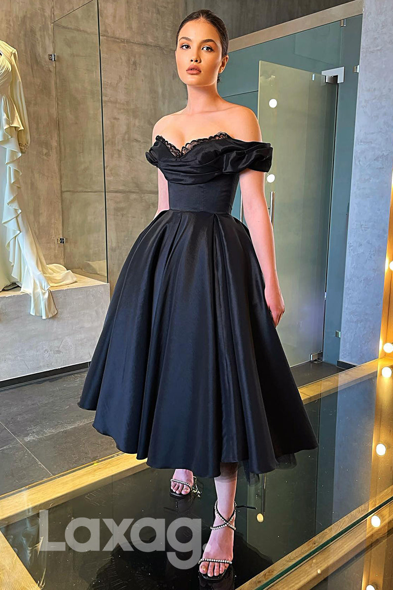 Off Shoulder Open Back A-Line Ankle Length Black Prom Dress - Fashionpara