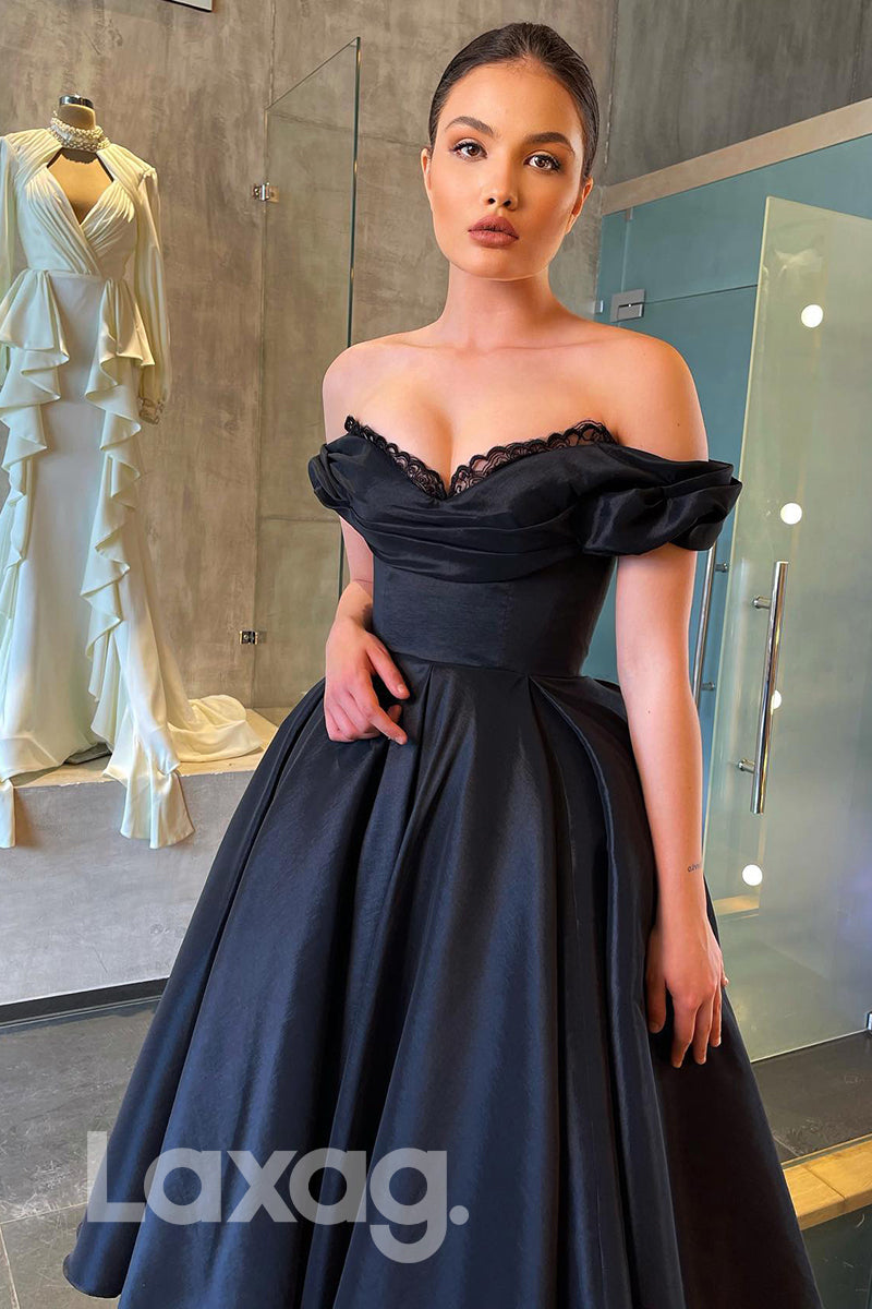 Off Shoulder Open Back A-Line Ankle Length Black Prom Dress - Fashionpara
