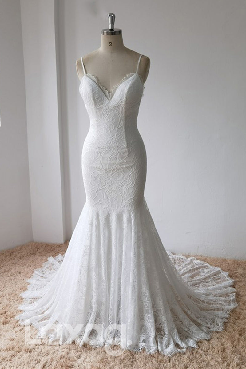 Spaghetti Lace Wedding Dress Mermaid Gown - Fashionpara