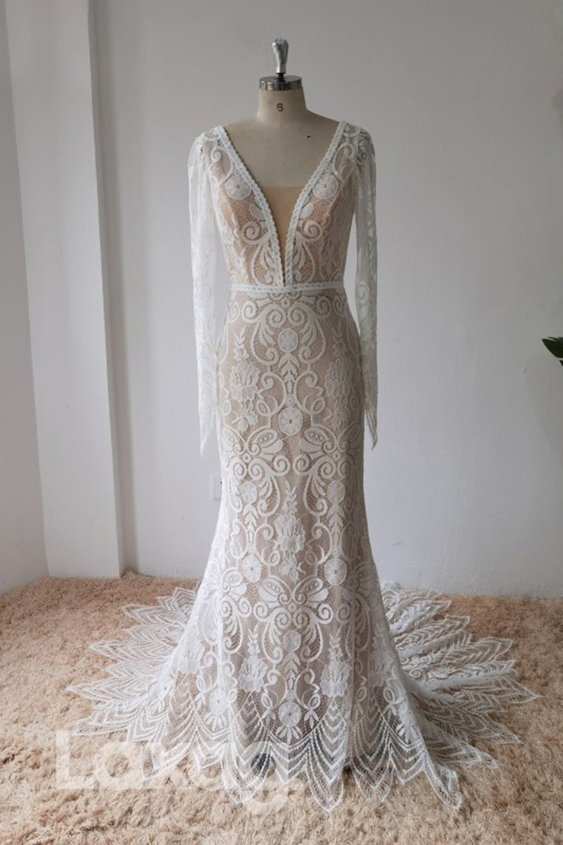 Plunging V-neck Appliques Backless Mermaid Wedding Dress - Fashionpara