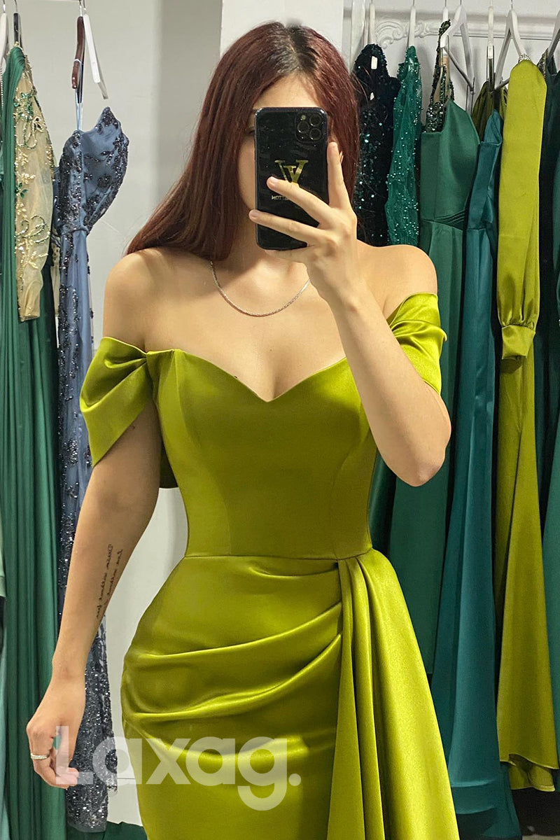 Off Shoulder Pleated Prom Evening Gown With Overskirt - Fashionpara