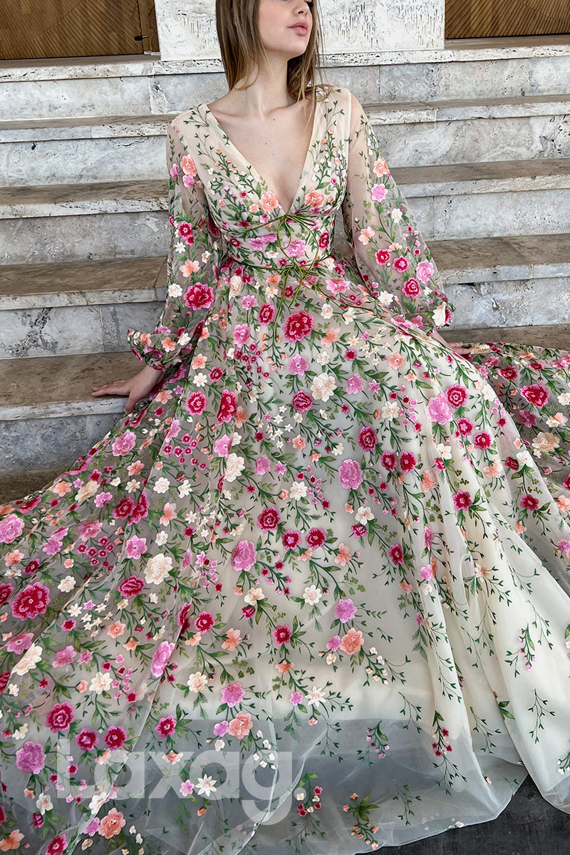 Deep V-neck Embroidery Appliqued Long Sleeves Formal Prom Dress - Fashionpara