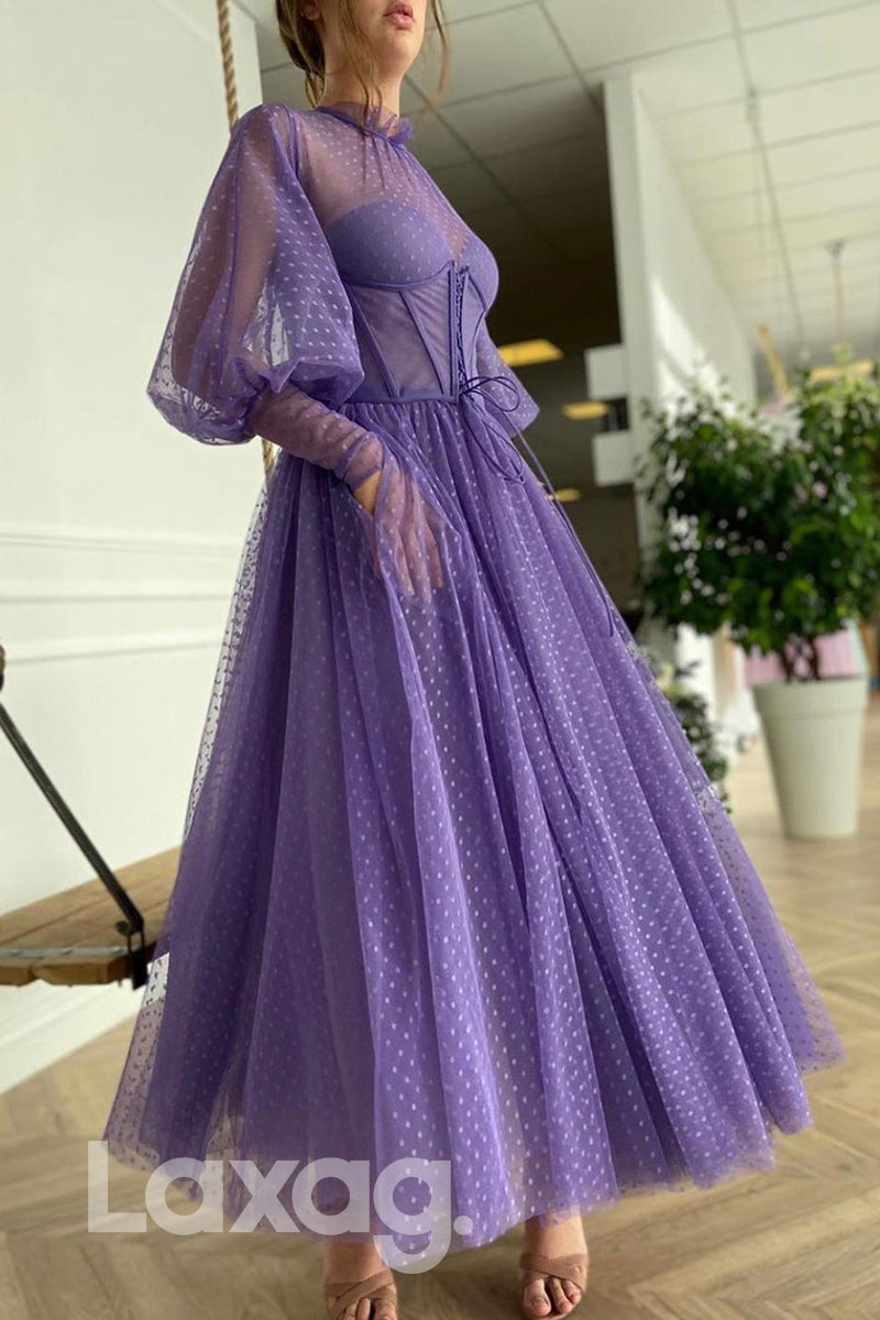 20731 - High Neck Tulle Long Sleeves Vintage Prom Dress with Pockets