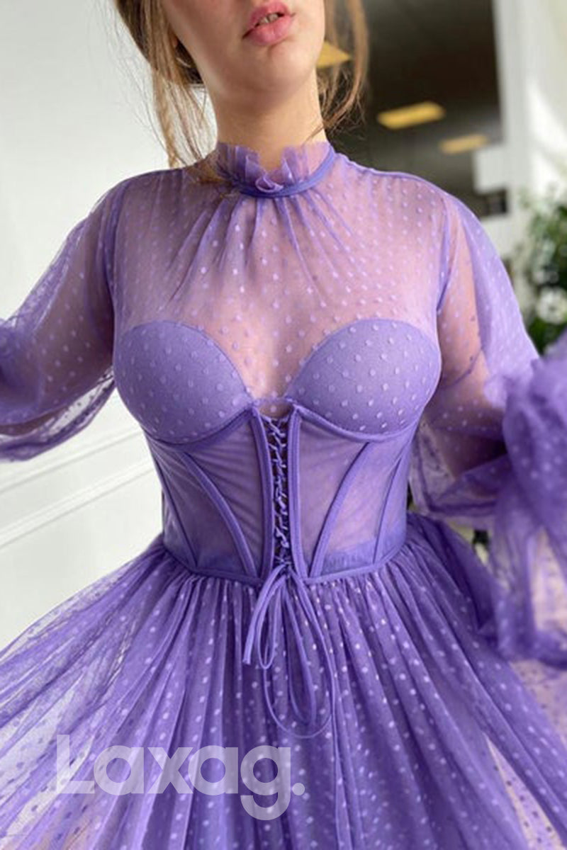 20731 - High Neck Tulle Long Sleeves Vintage Prom Dress with Pockets