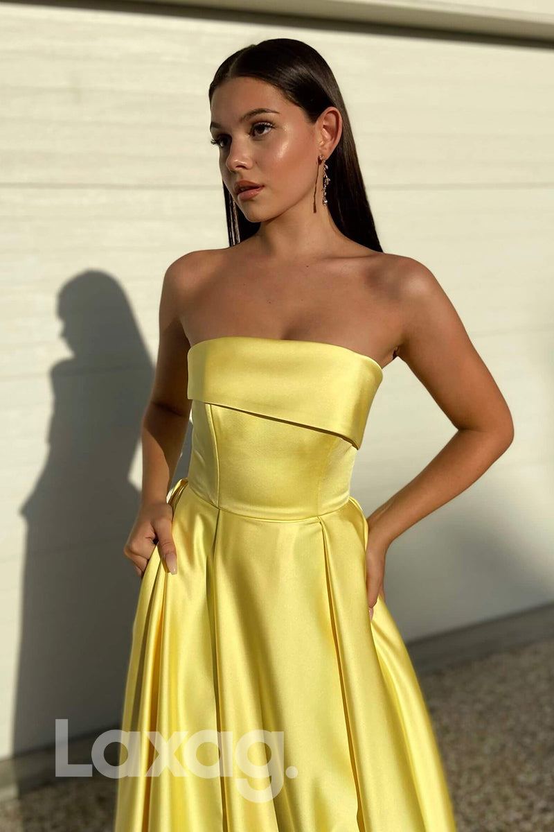 21700 - Strapless Yellow Satin High Split Simple Prom Dress with Pockets