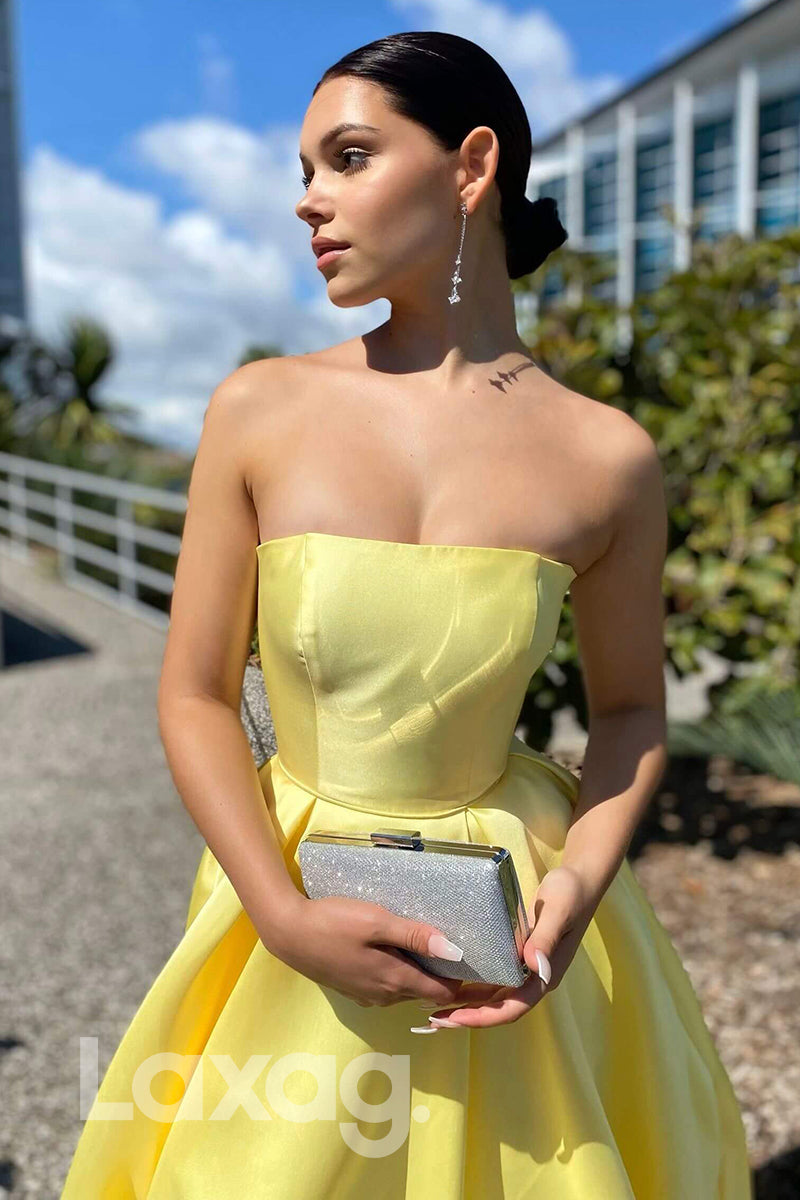 21702 - Strapless A-line Yellow Satin Long Prom Dress with Pockets