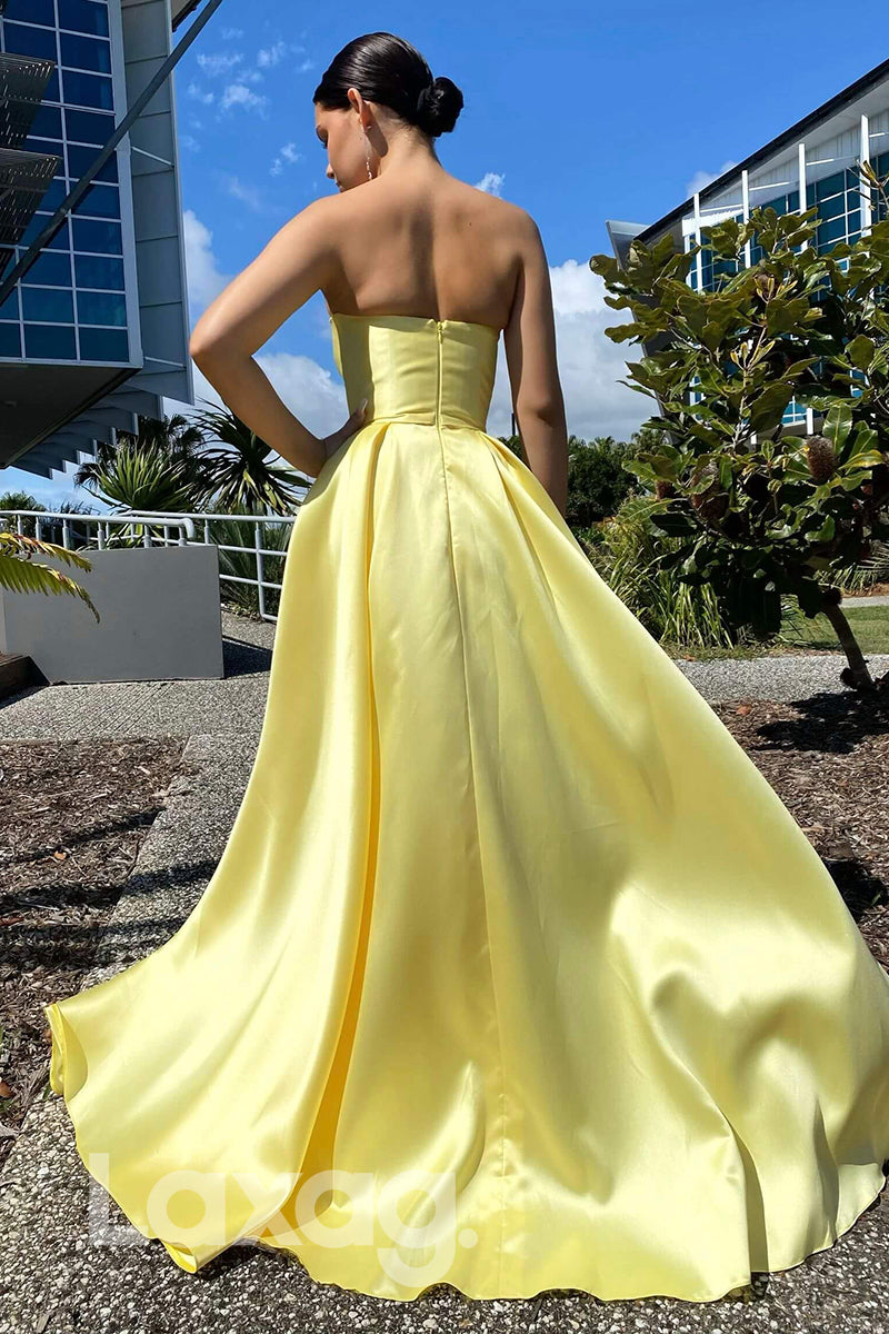 21702 - Strapless A-line Yellow Satin Long Prom Dress with Pockets