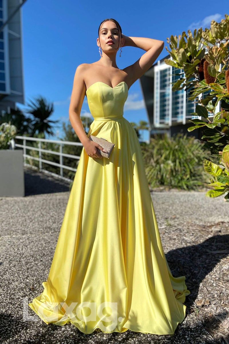 21703 - A-line Sweetheart Yellow Satin Cheap Prom Dress|laxag