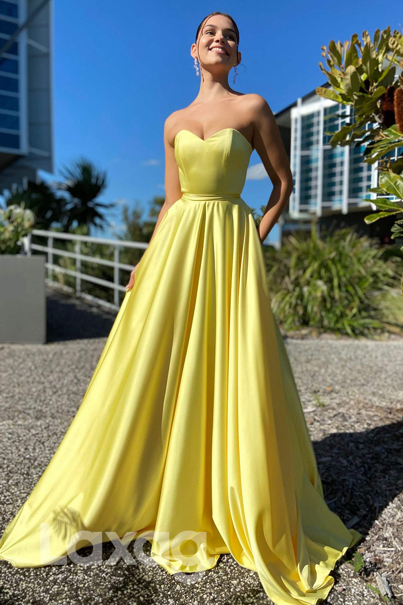 21703 - A-line Sweetheart Yellow Satin Cheap Prom Dress
