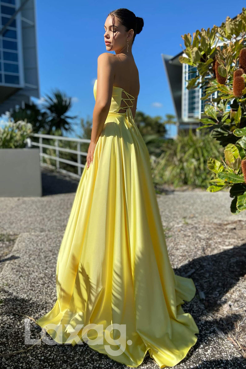 21703 - A-line Sweetheart Yellow Satin Cheap Prom Dress