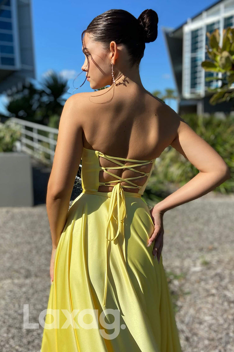 21703 - A-line Sweetheart Yellow Satin Cheap Prom Dress