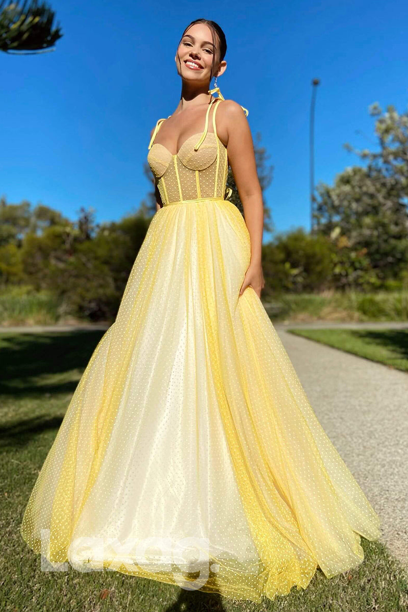 21704 - Spaghetti Straps Sweetheart Yellow Long Prom Dress