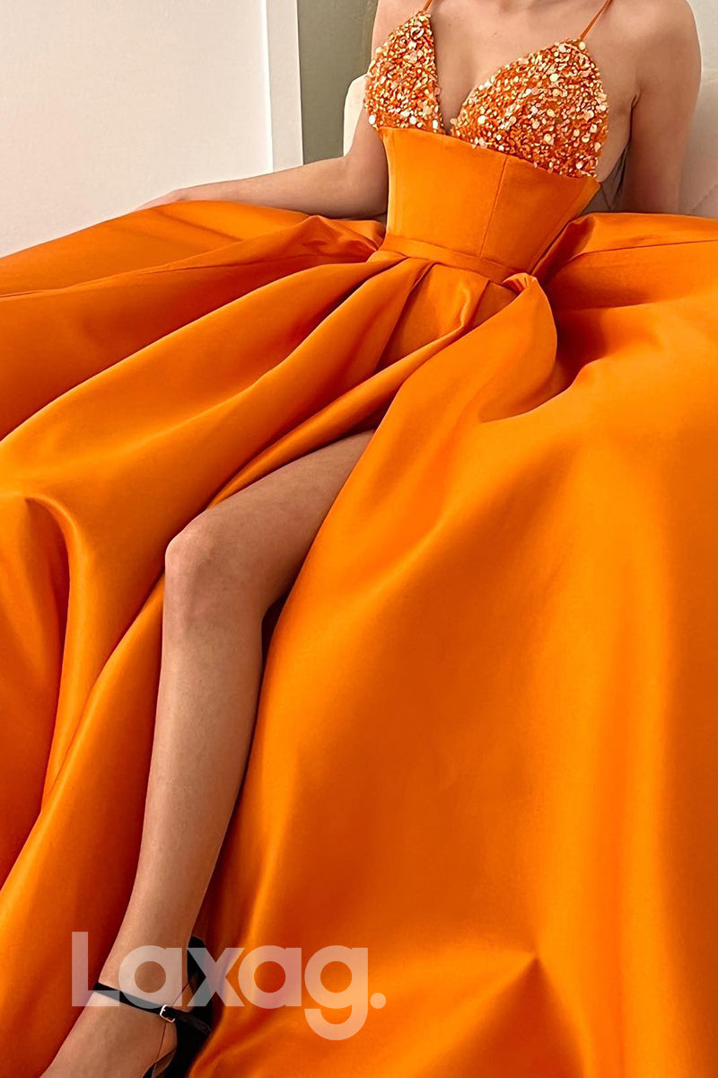 21712 - Spaghetti Straps Beads High Split Long Prom Dress with Pockets