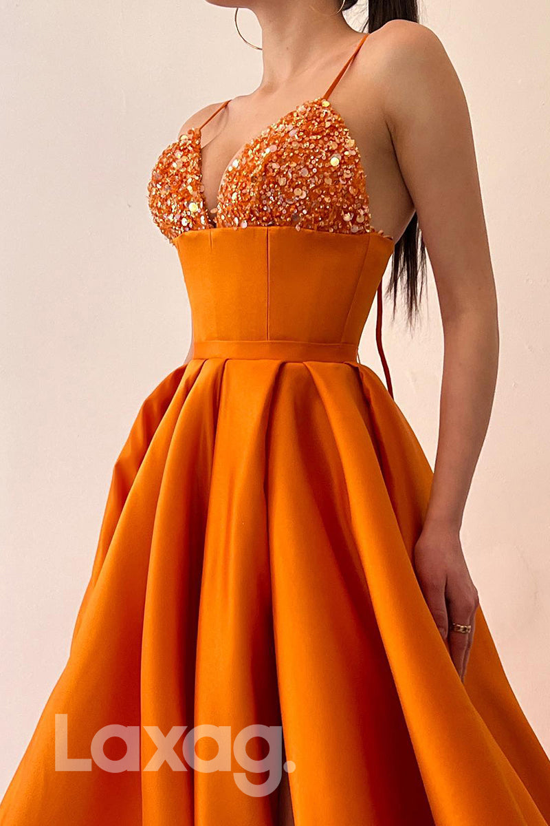 21712 - Spaghetti Straps Beads High Split Long Prom Dress with Pockets