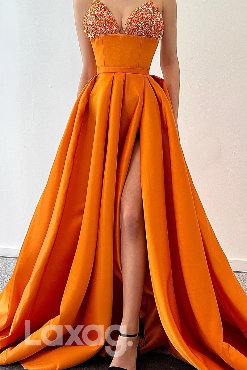 21712 - Spaghetti Straps Beads High Split Long Prom Dress with Pockets|LAXAG