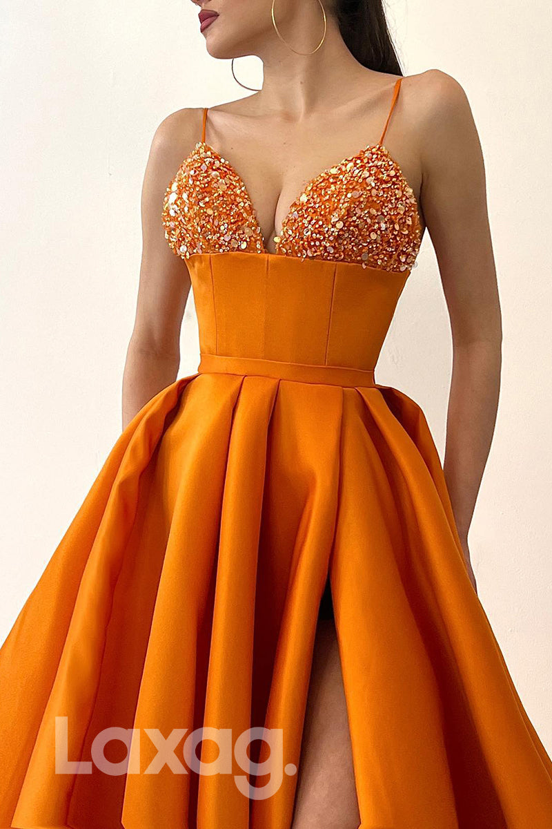 21712 - Spaghetti Straps Beads High Split Long Prom Dress with Pockets