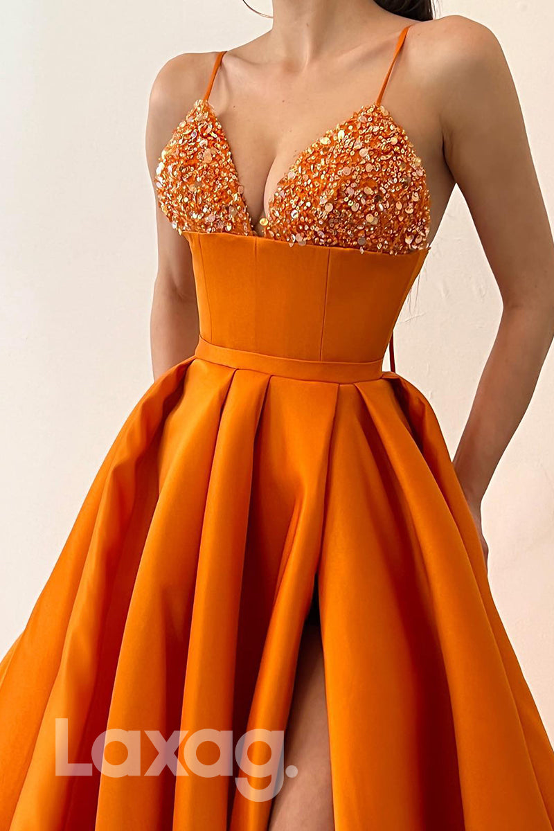 21712 - Spaghetti Straps Beads High Split Long Prom Dress with Pockets