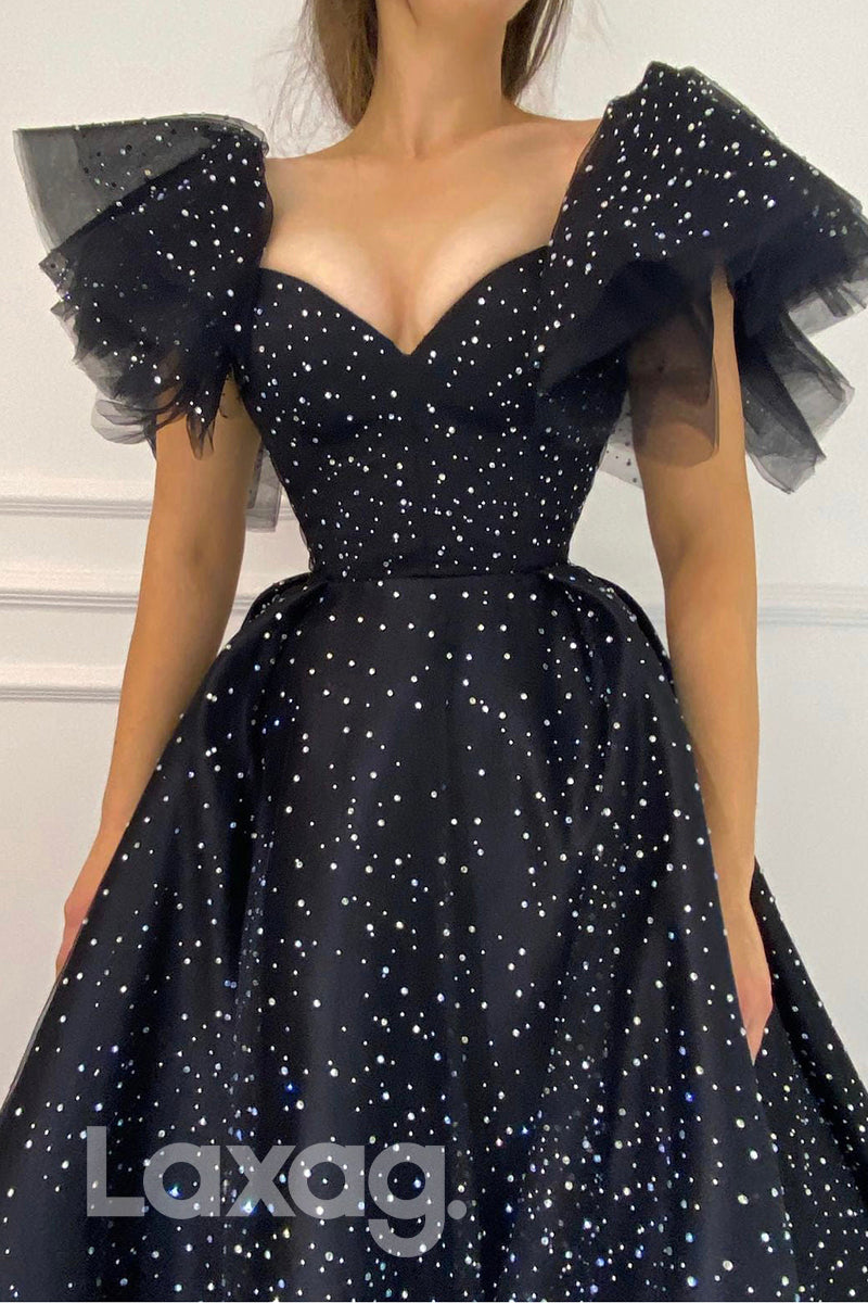 21714 - Sexy V-Neck A-line Short Sleeves Black Prom Dress