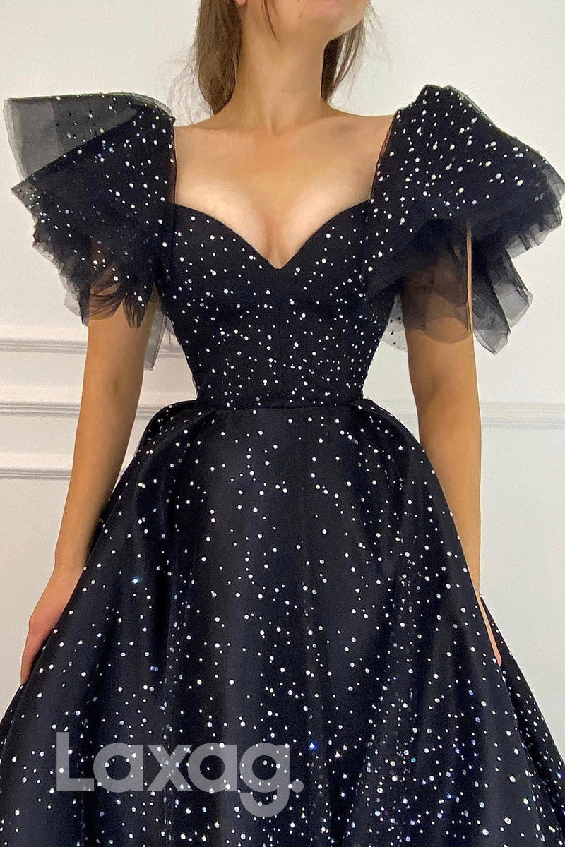 21714 - Sexy V-Neck A-line Short Sleeves Black Prom Dress