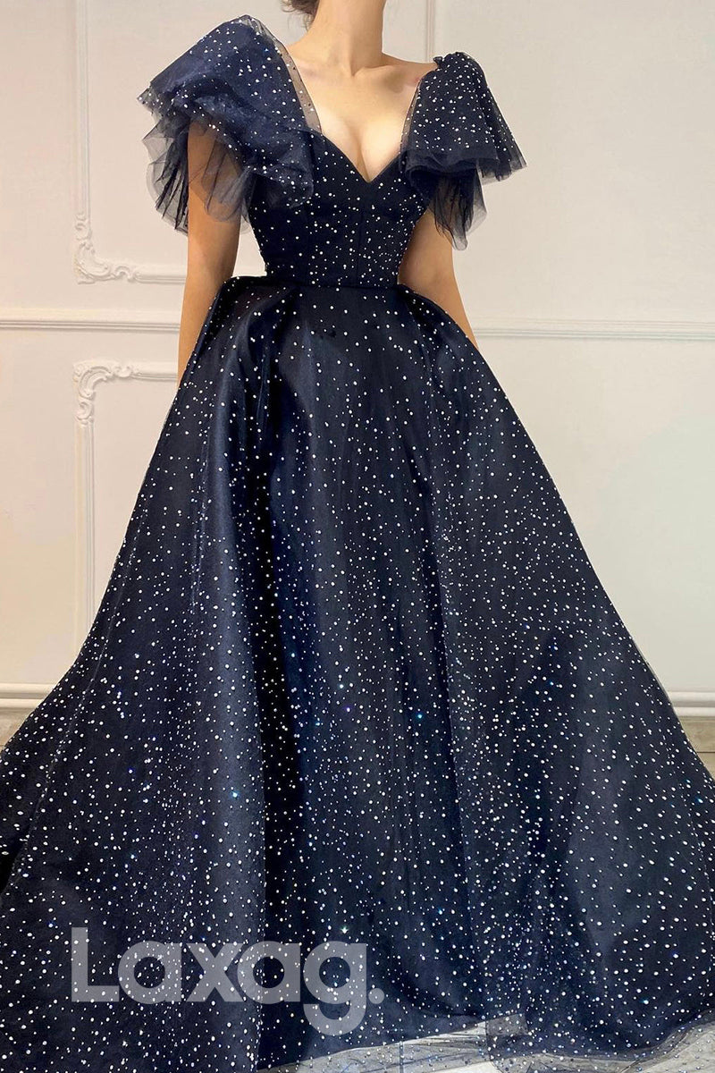 21714 - Sexy V-Neck A-line Short Sleeves Black Prom Dress