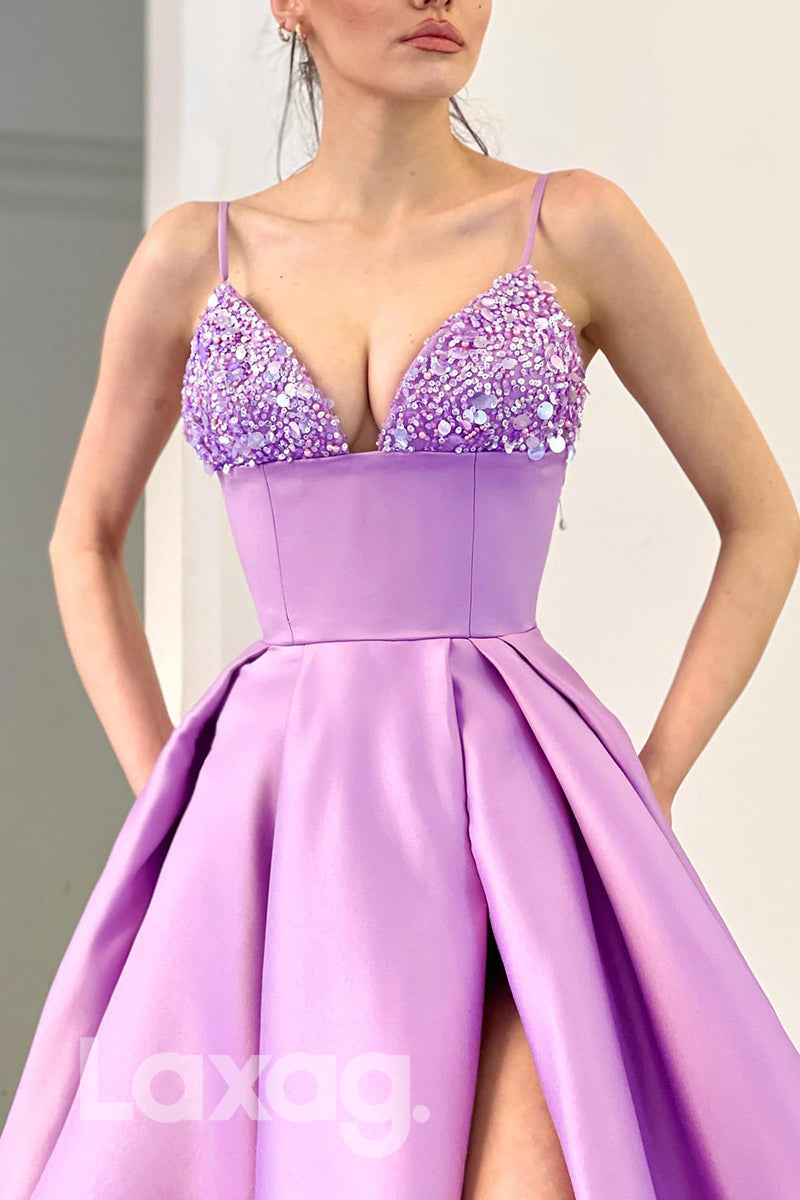 21712 - Spaghetti Straps Beads High Split Long Prom Dress with Pockets