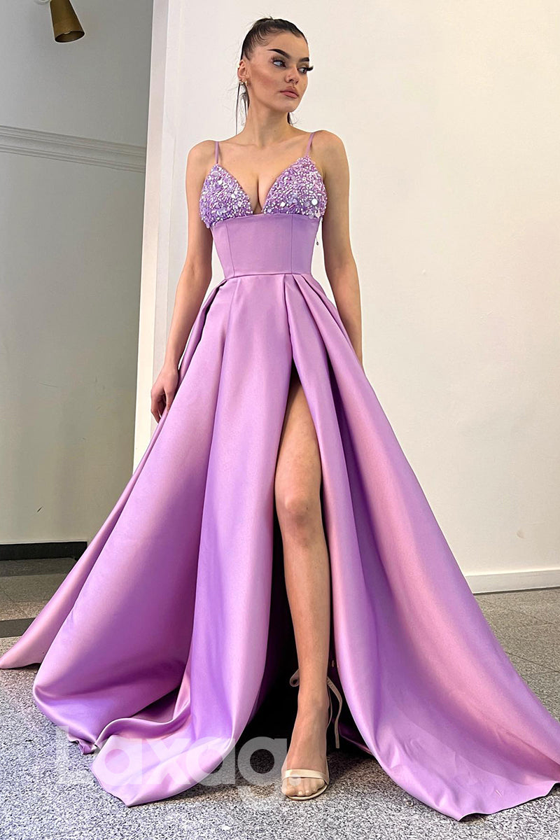 21712 - Spaghetti Straps Beads High Split Long Prom Dress with Pockets