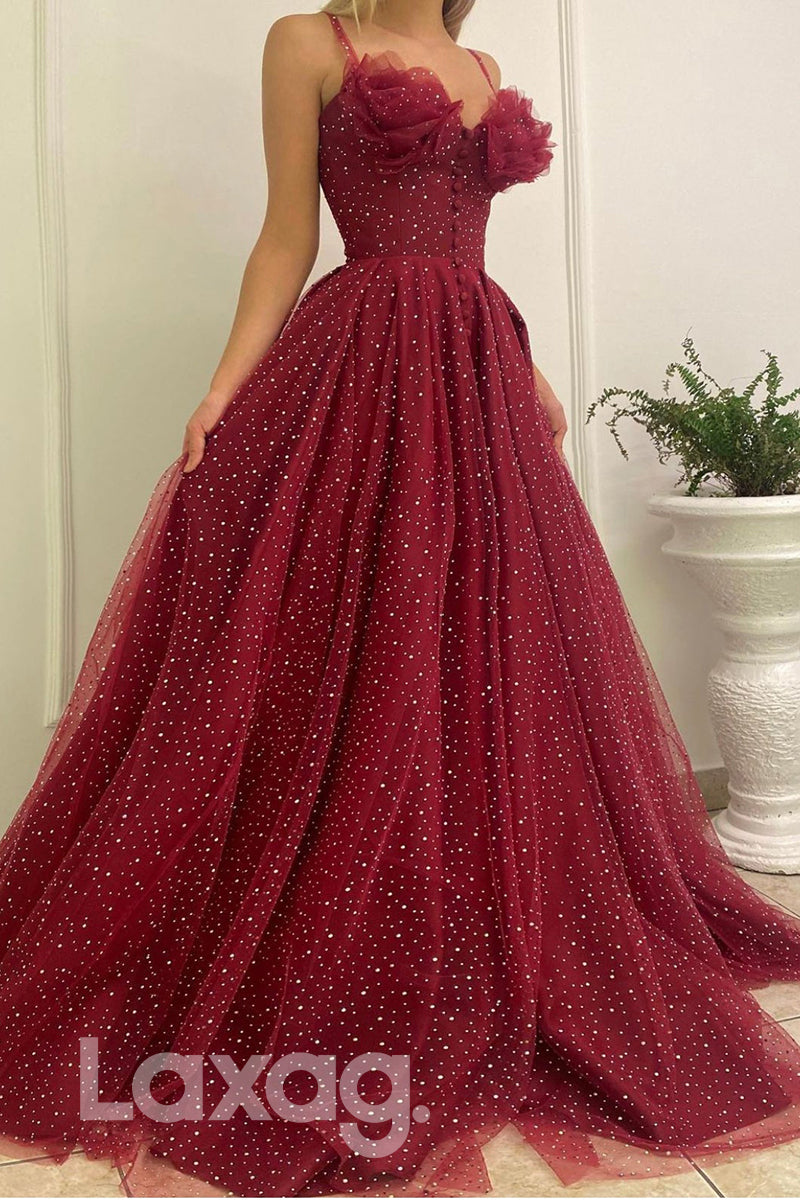 21717 - Spaghetti Straps Burgundy Prom Dress Long