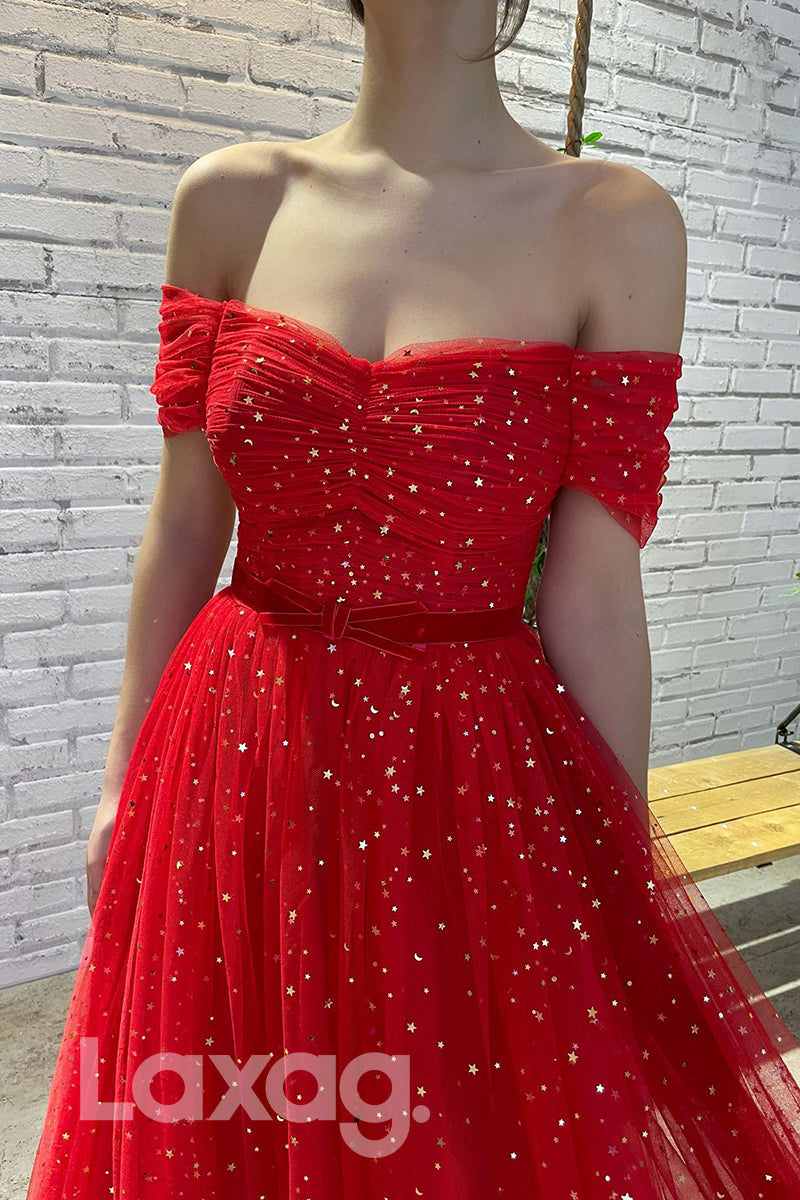 Off Shoulder Sparkly Star A-line Formal Dress - Fashionpara