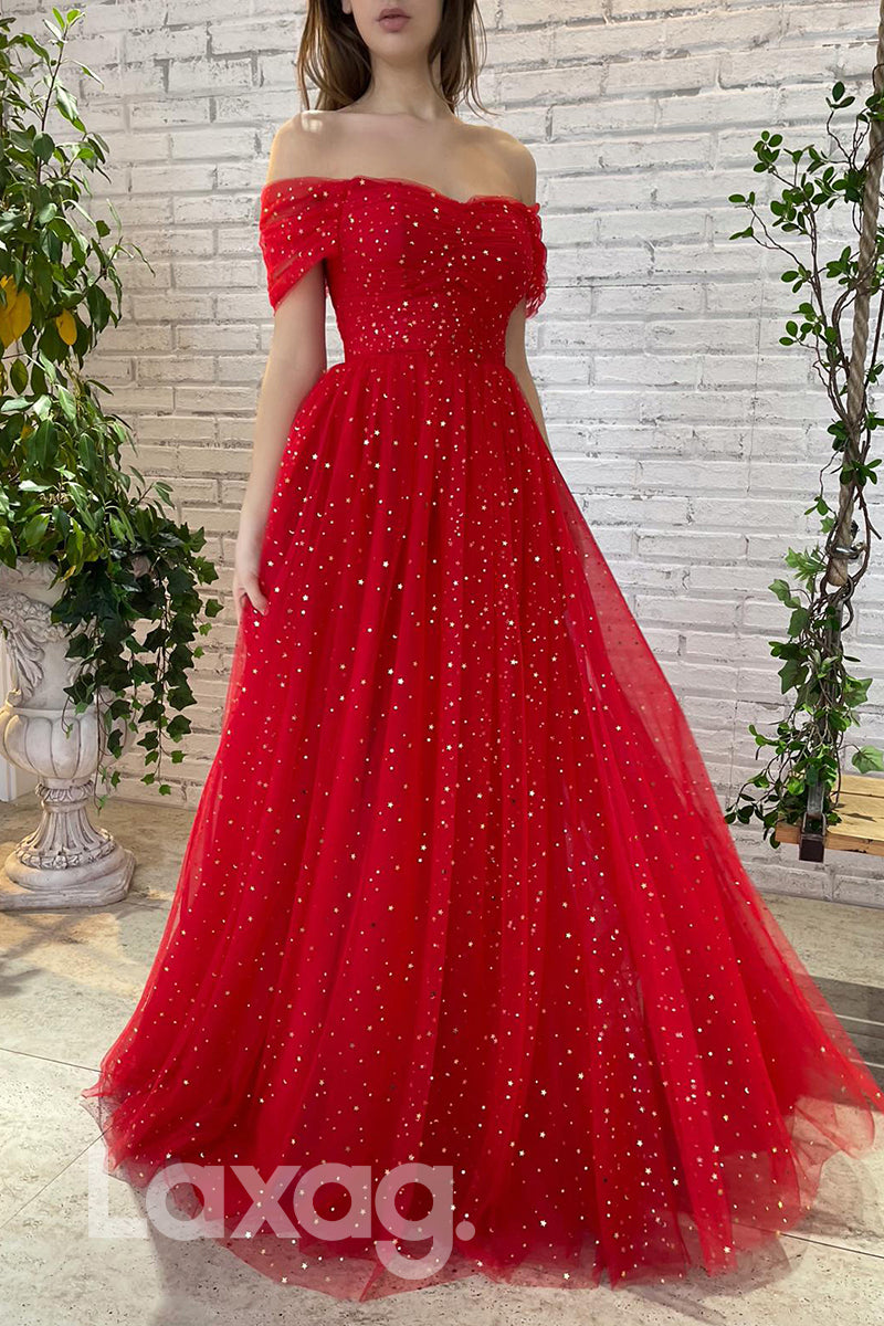 Off Shoulder Sparkly Star A-line Formal Dress - Fashionpara