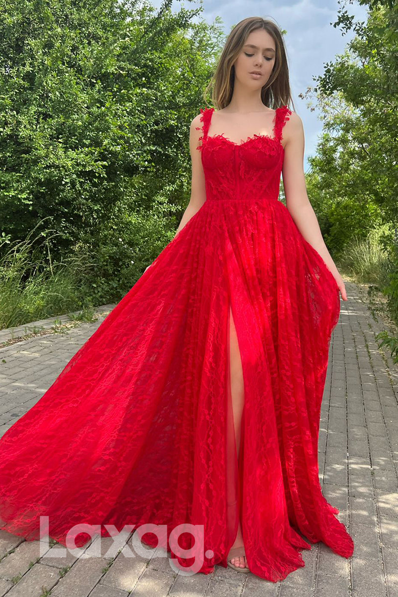 Spaghetti Sweetheart Thigh Slit Lace Red Prom Dress - Fashionpara