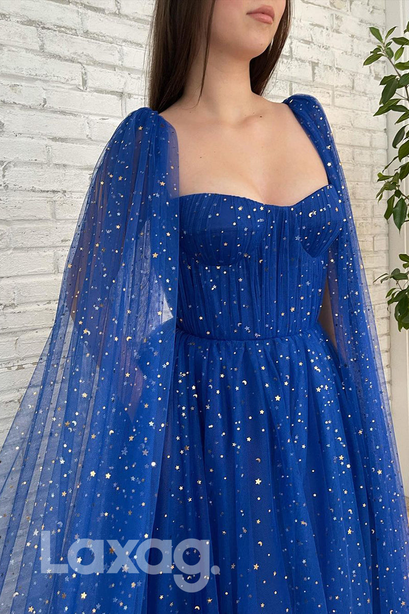 Strapless Bling Star Blue Formal Dress With Cape - Fashionpara