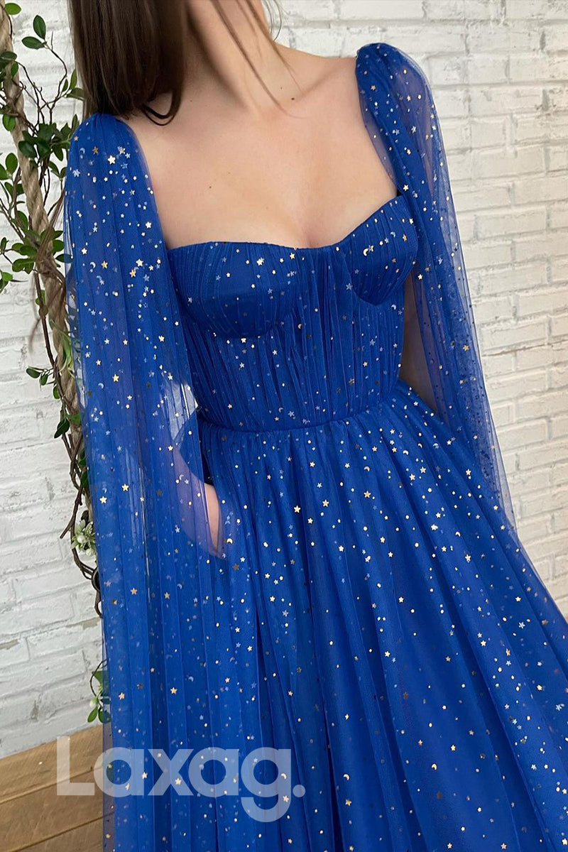 Strapless Bling Star Blue Formal Dress With Cape - Fashionpara