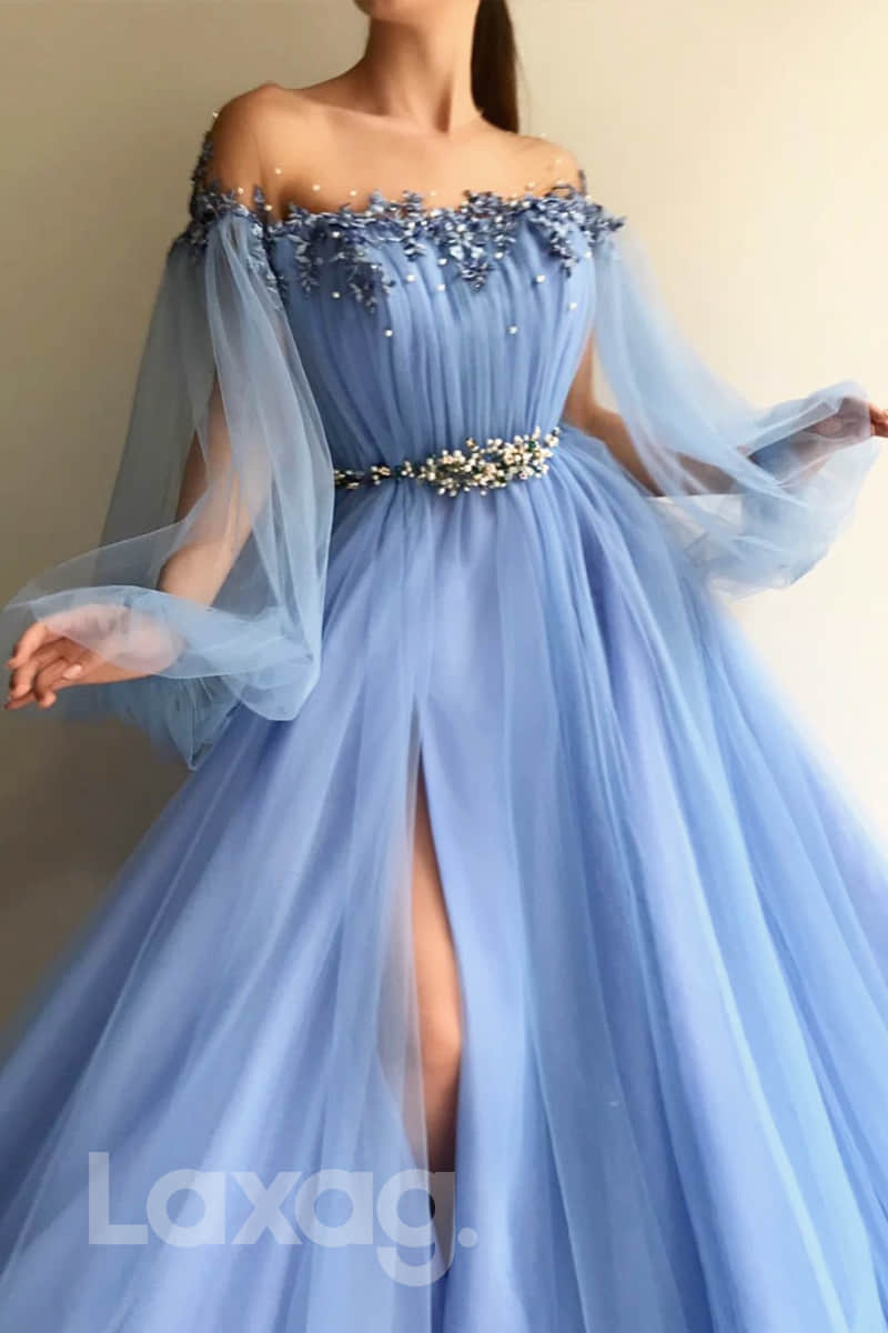 Illusion Off-Shoulder High Leg Slit Pleated Ballgown - Fashionpara