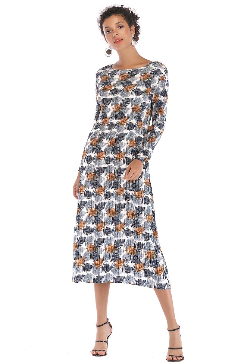 Leafy Print Long Sleeve Chiffon Dress - Mislish