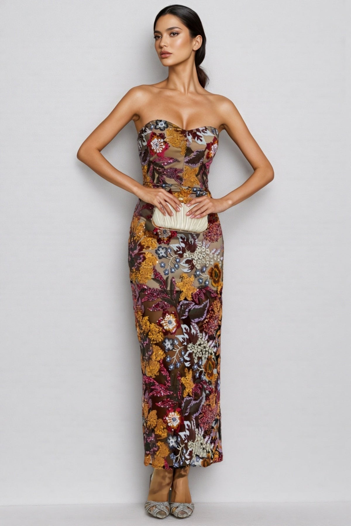 Floral Sequin Strapless Sweetheart Sheer Bodycon Maxi Dress - View 4