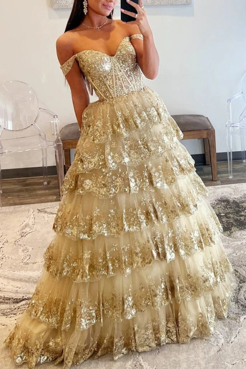 A-Line Sweetheart Off-Shoulder Sleeveless Stripe Sparkly Appliques Lace Evening Dress Prom Dress