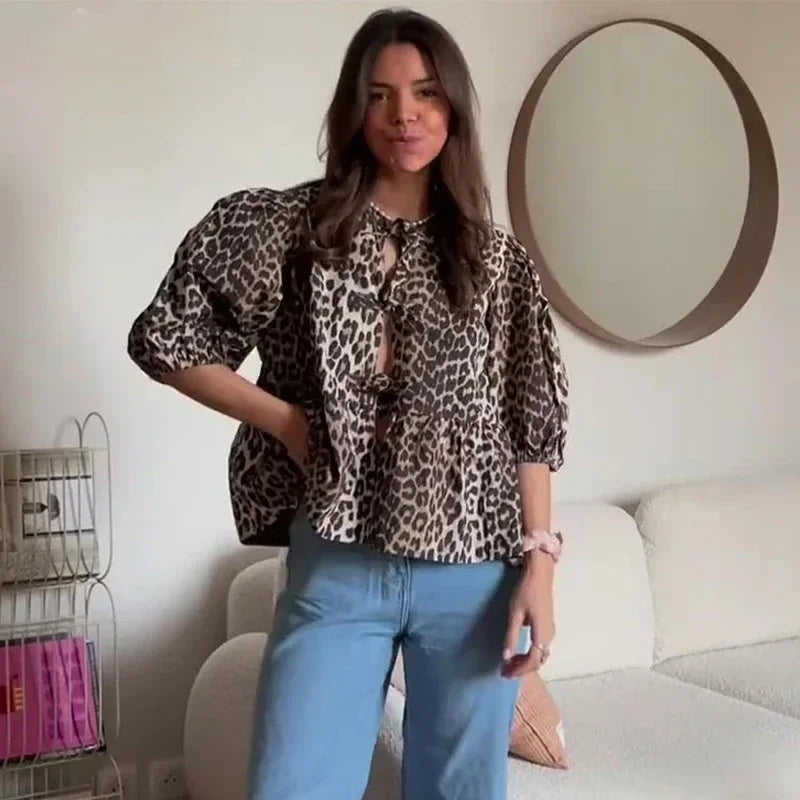 Leopard Bow Lace-Up Puff Sleeve Blouse