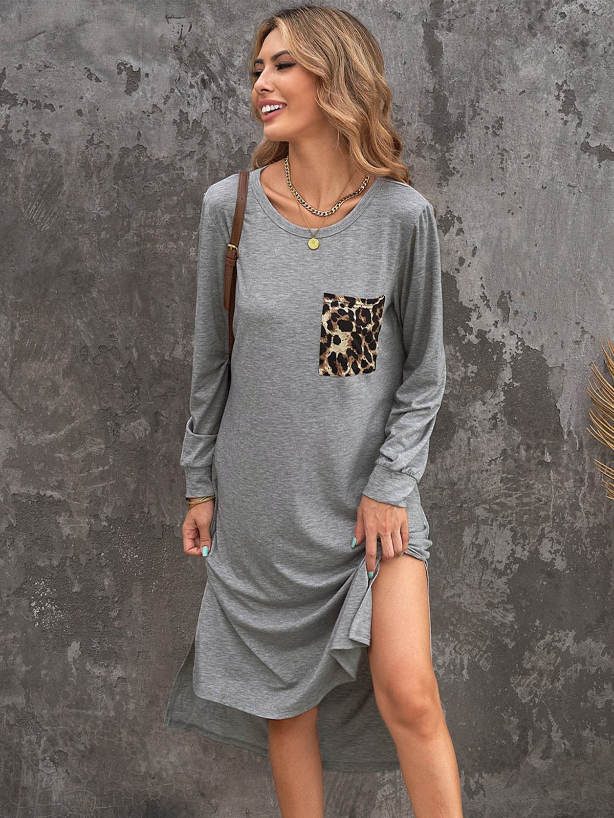 KittenAlarm - Leopard Patch Side Split Long Sleeve Midi Dress