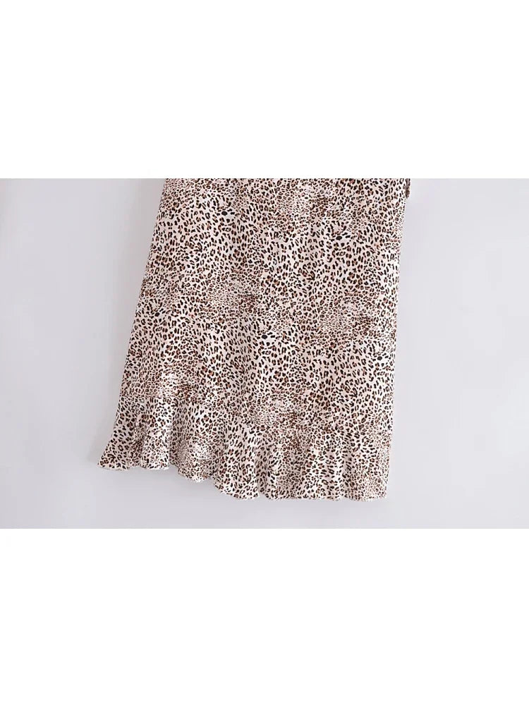 Leopard Print Beach Bohemian Skirt Ruffles Split Asymmetrical Maxi Boho Skirt