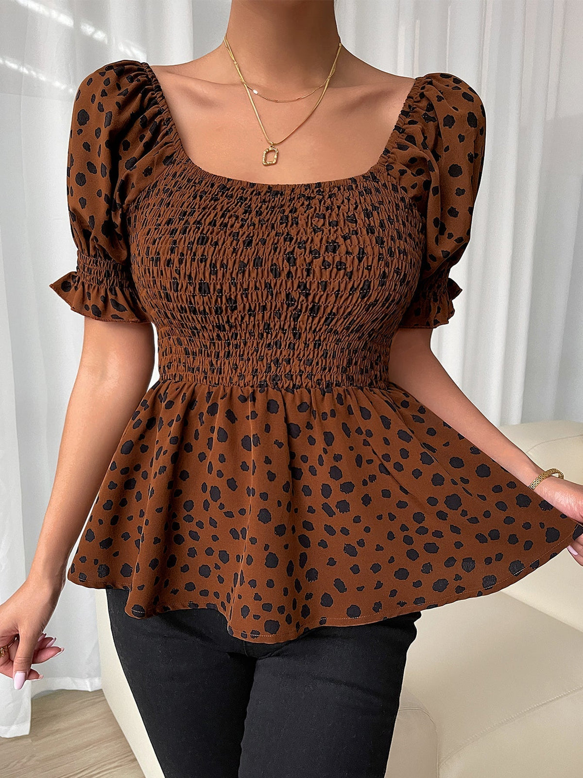 KittenAlarm - Leopard Print Puff Sleeve Shirred Peplum Top