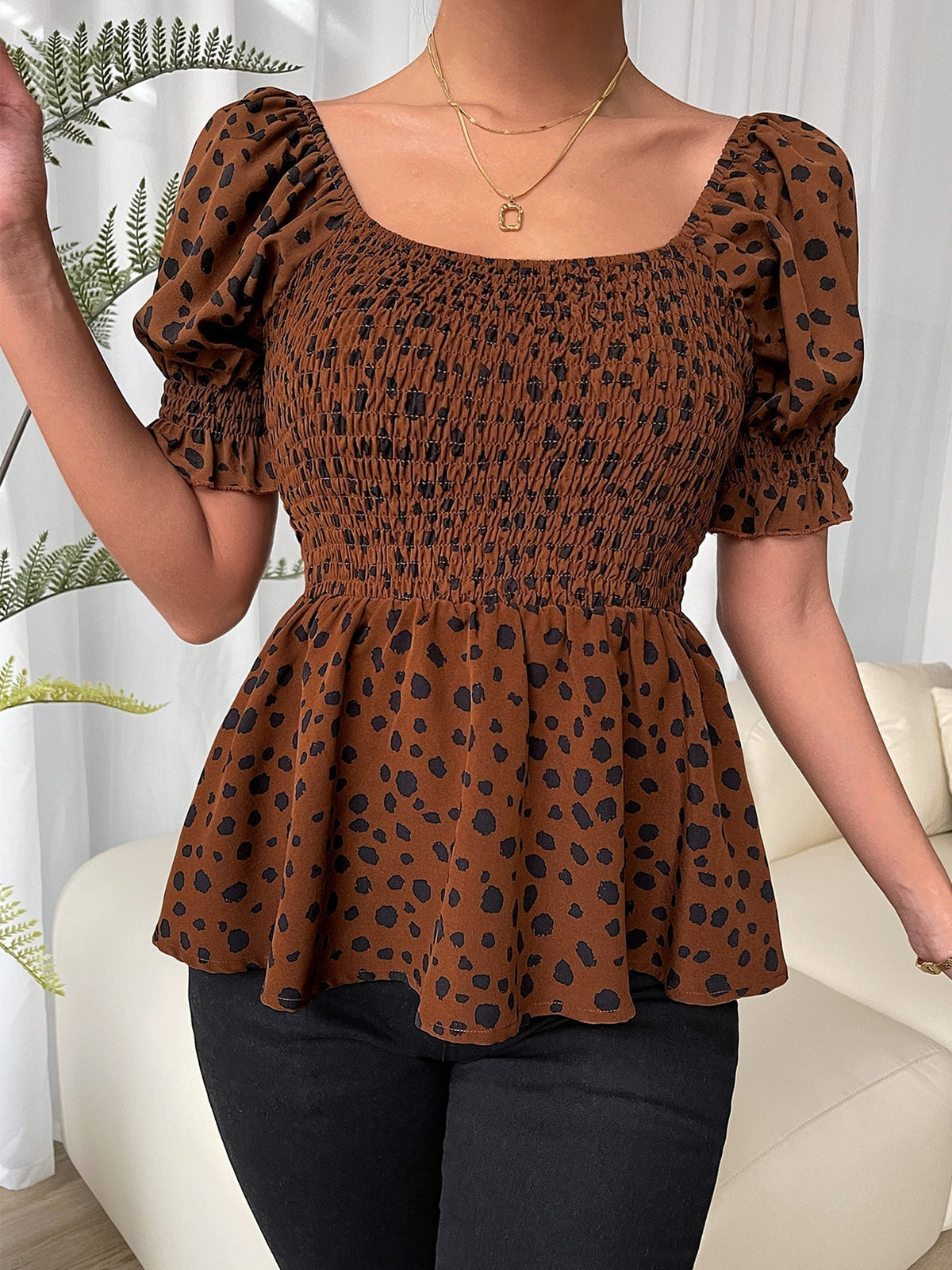 KittenAlarm - Leopard Print Puff Sleeve Shirred Peplum Top