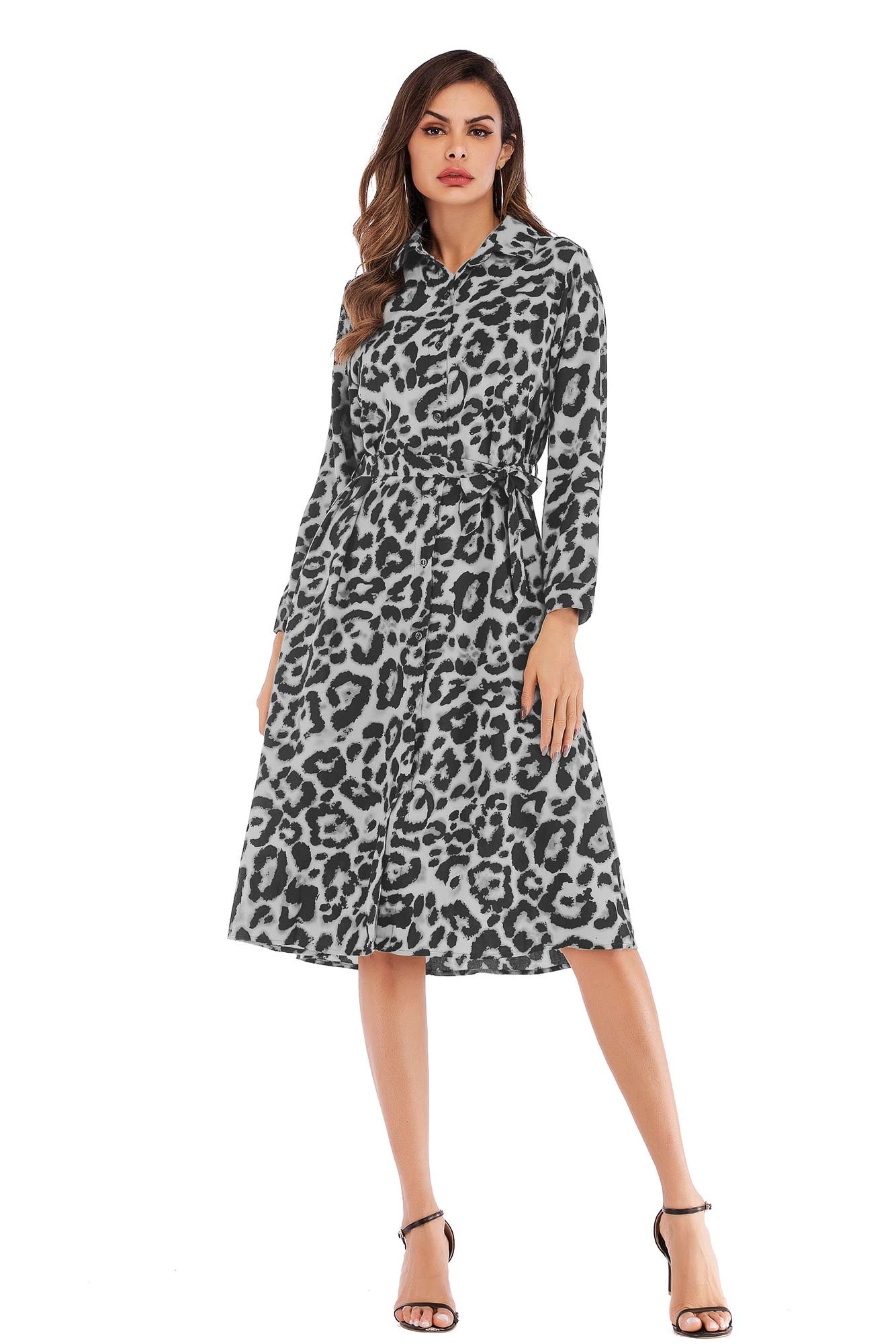 Leopard Print Single Breasted Lace-up Dress - Mislish