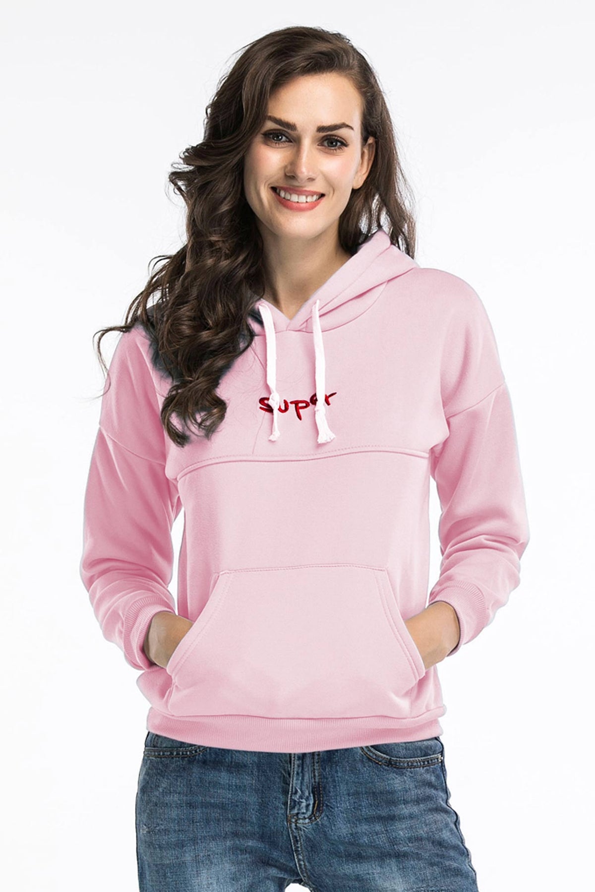 Letter Embroidered Hooded Pocket Sweatshirt - Mislish