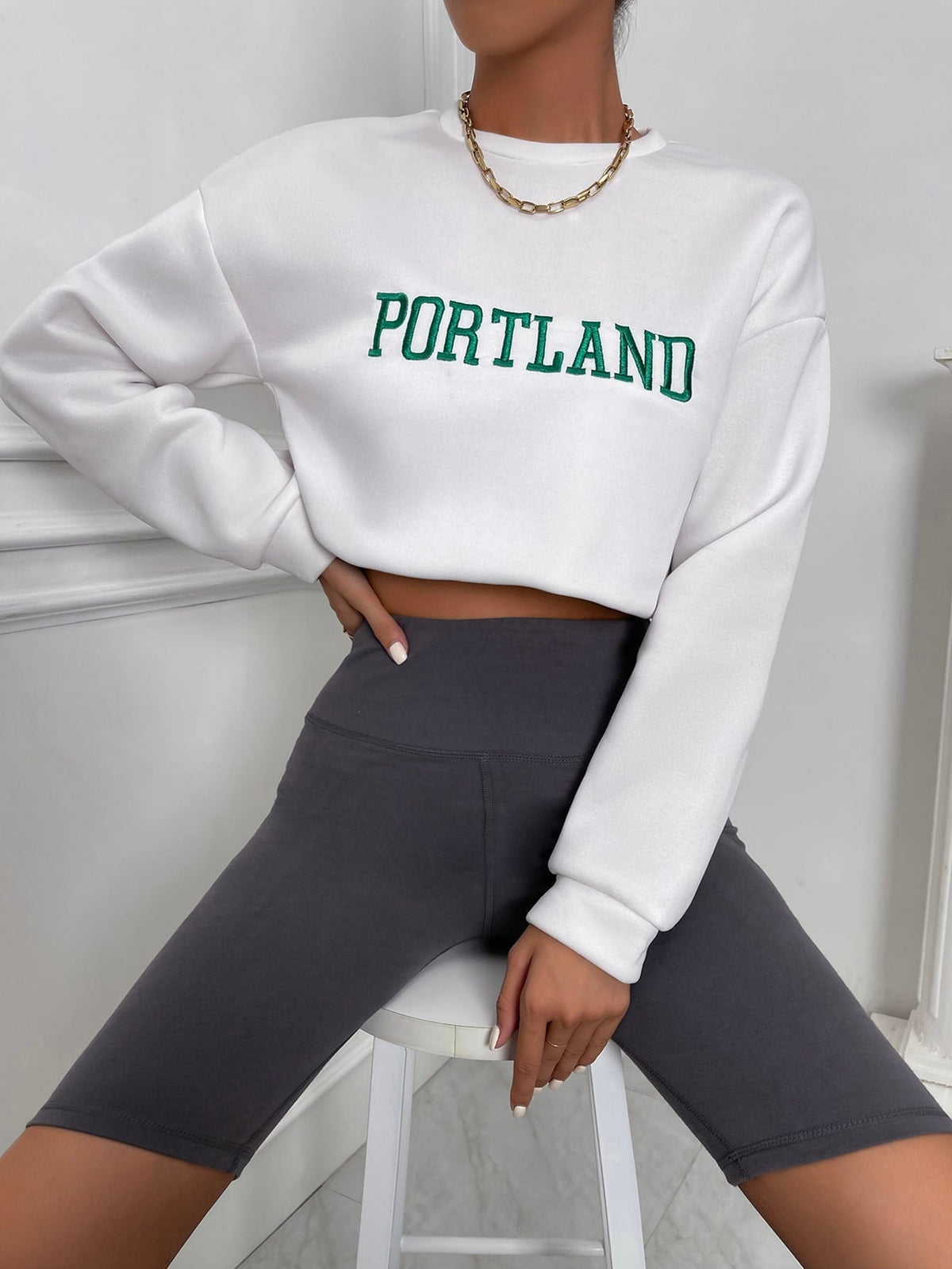 KittenAlarm - Letter Embroidery Drop Shoulder Sweatshirt