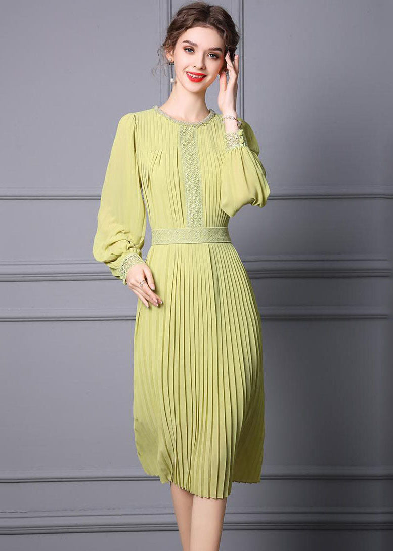 Light Green Chiffon Pleated Cinch Dress O-Neck Long Sleeve - View 3