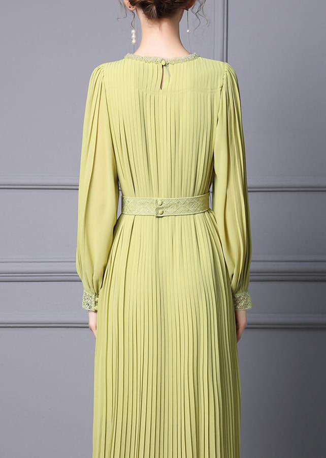 Light Green Chiffon Pleated Cinch Dress O-Neck Long Sleeve - View 4