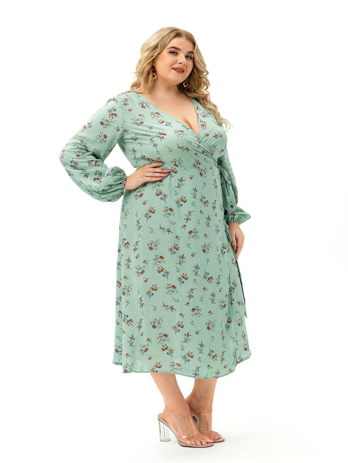 Floral Print V-Neck Long Sleeve Wrap Midi Dress