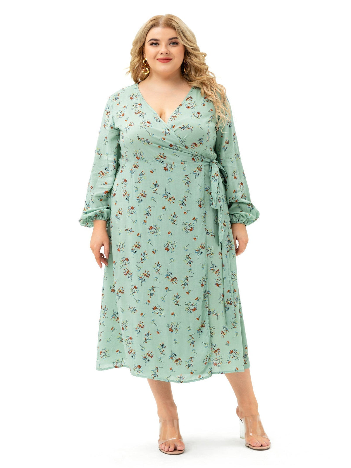 Floral Print V-Neck Long Sleeve Wrap Midi Dress