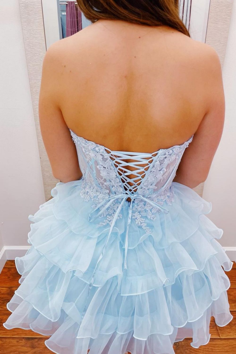 Light Blue A-Line Sweetheart Lace Up Short Tiered Tulle Homecoming Dress
