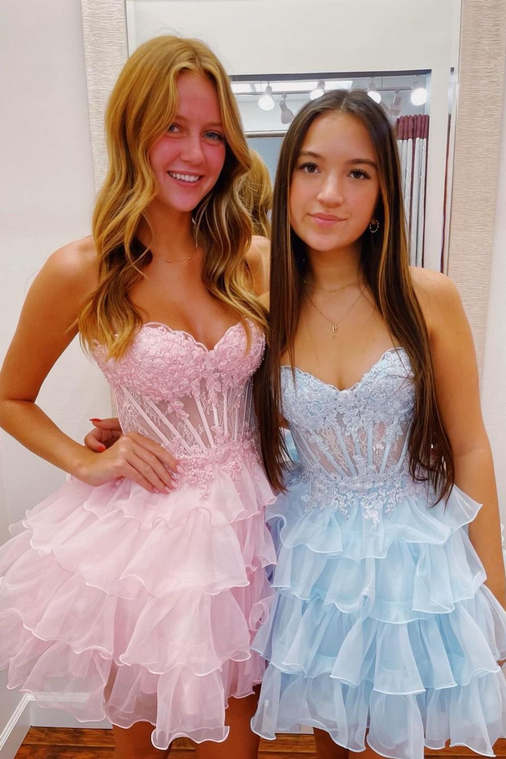 Light Blue A-Line Sweetheart Lace Up Short Tiered Tulle Homecoming Dress